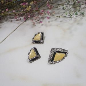 Art deco marcasite and enamel fan set